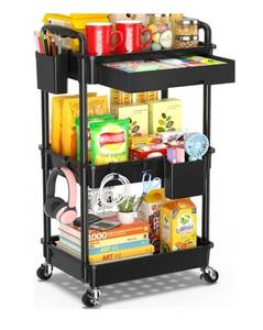 lot 36989 image: 3 Tier Rolling Cart with Drawer, Bathroom Storage Organizer with 2 Lockable Wheels, Multifunctional Rolling Storage Cart for Bathroom, Kitchen, Office, Craft, Makeup, Baby Essentials - Retail $25