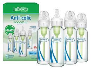lot 37007 image: Dr. Browns Anti-Colic Options Narrow Glass Baby Bottle with Level 1 Slow Flow Nipple, BPA-Free, 8 oz250 mL, 0m, 4-Pack - Retail $30