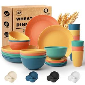 lot 37008 image: Wheat Straw Dinnerware Sets for 8, Unbreakable Plates and Bowls Sets for 8, 32-Piece Dishes Set, Microwave Safe Plastic Plates Reusable, Cups and Bowls Sets for Kitchen, Outdoor. Missing One Large Yellow Plate. - Retail $35