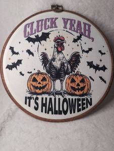 lot 2804 image: Halloween Faux Embroidery Hoop with Rooster and Pumpkins