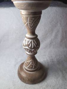 lot 2824 image: Handcarved Wooden Candlestick Holder with Leaf Design