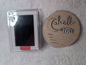 lot 2842 image: Baby Newborn Photo Props Hello World Plaque with Ink Pad Set