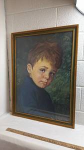 lot 16 image: Crying Boy Portrait Oil Painting Print with Gold Frame