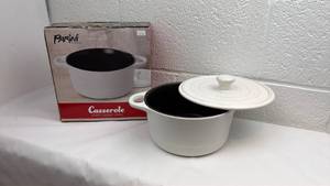 lot 22 image: Parini Cookware 2QT White Flameproof Casserole Dish with Lid