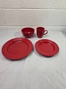 lot 24 image: Red Ceramic Dinnerware Set with Ribbed Pattern New 48 piece dish set