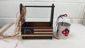 lot 32 image: Patriotic Flag Wooden Caddy with Stars and Stripes Tin Can