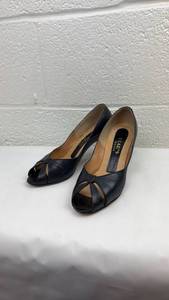 lot 76 image: Black Leather Peep Toe Pumps with Bow Detail