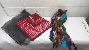 lot 91 image: Mixed Designer Scarves Collection Including Geometric Red Pink Pattern and Floral Print