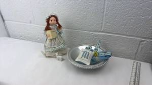 lot 136 image: Handmade Cloth Doll with Silver Serving Tray and Blue Cross Stitch Ornament