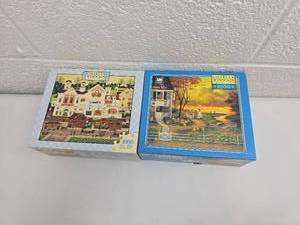 lot 168 image: 1000 Piece Jigsaw Puzzle Set - Colonial Village and Autumn Lake Scenes