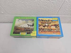 lot 171 image: Charles Wysocki 1000 Piece Jigsaw Puzzle Set - Seasonal Splendor and Western Town