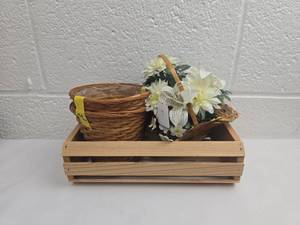 lot 189 image: Wooden Storage Crate with Wicker Basket Set