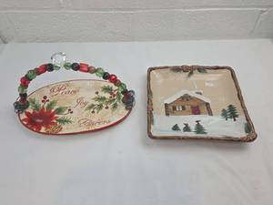 lot 243 image: Christmas Holiday Ceramic Serving Plate Set with Beaded Handle