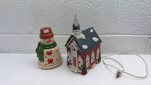 lot 246 image: Christmas Holiday Village Church and Snowman Tea Light Holders Set