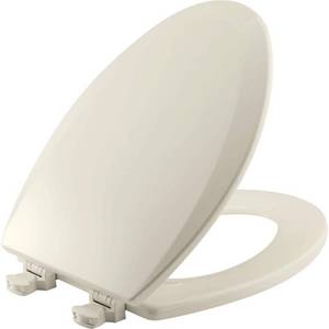 lot 13560 image: Bemis Elongated Enameled Wood Toilet Seat in Biscuit with Easy Clean Hinge