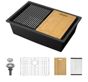lot 13564 image: cadeninc Undermount Sink 28 in. x 19 in. Single Bowl Kitchen Sink in Quartz Black with Accessories