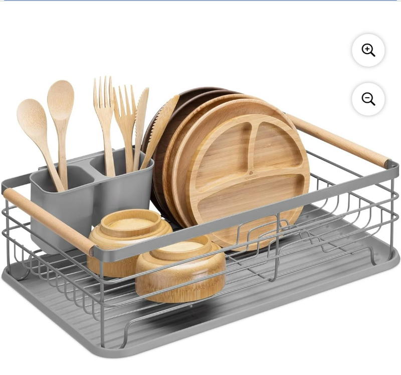 lot 4651142 image: Navaris Dish Drainer Rack - Plate, Silverware, Pots and Pans Drying Rack for Kitchen with Beechwood Handles - Modern Retro Design Drip Tray - Gray - Retail $56