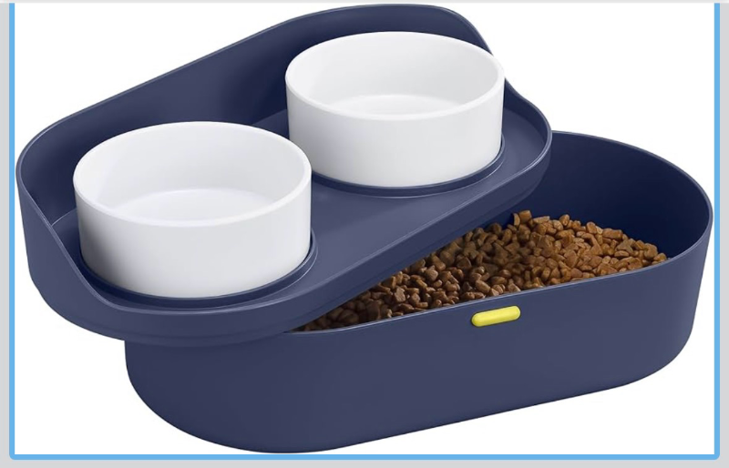 lot 4651177 image: Navaris Raised Dog Food Bowls with Stand - Elevated Pet Bowl Feeding Station for Large, Medium, and Small Dogs - High 2 Bowl Feeder with Storage & Splash-Proof Feature - Navy Blue - Retail $39