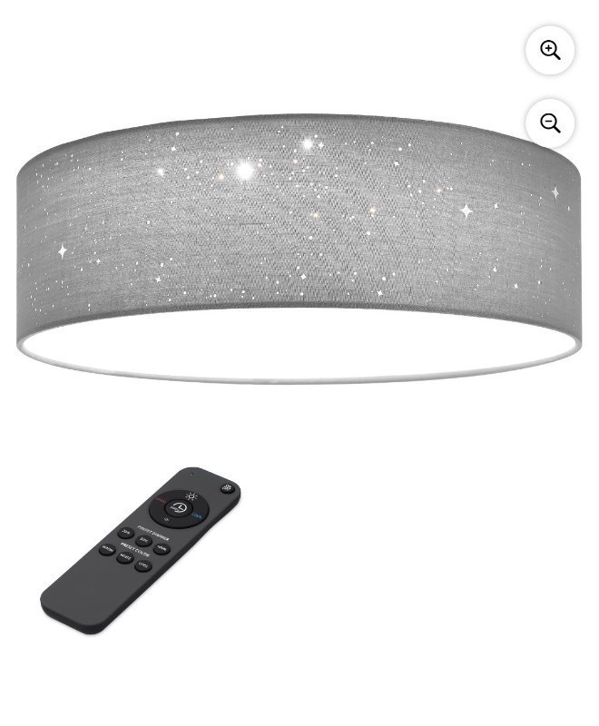 lot 3565176 image: Navaris Flush Mount Ceiling Light - 12.6 Diameter Drum Lamp Shade LED Fixture with Remote Control - Bedroom Nursery - Light Gray with Star Effect - Retail $45