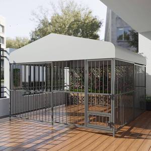 lot 471366 image: Retails for $280 Dog Kennel Outdoor 10x10x6 FT Heavy-Duty Metal Outside Dog Playpen with Waterproof Cover for Large & Medium Dogs, Secure Lock & Easy Assembly