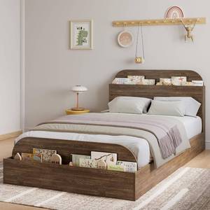 lot 471375 image: Retails for $201 Garvee Twin XL Size Bed Frame with Storage Headboard and Raised Footboard   Wooden Twin-Floor Low Platform Bed for Kids, Heavy Duty & Noise Free, No Box Spring Needed, Walnut