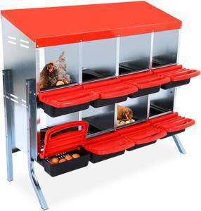 lot 471386 image: Retails for $153 GarveeLife Nesting Boxes for Chickens, 8 Holes Chicken Nesting Boxes with Legs, Chicken Laying Box with Lid Cover, for Outdoor Chicken Coop Farm Yard, Red