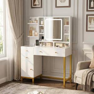 lot 471392 image: Retails for $190 Garvee White Vanity Desk with Mirror and Lights, Glass Top Makeup Vanity White and Gold Dressing Table with Charging Station Large Vanity Desk with 3 Drawers, 3 Color Lighting Modes for Women Girl