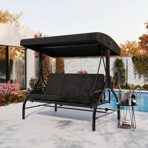 lot 471408 image: Retails for $260 3-Seat Outdoor Porch Swing with Adjustable Canopy, Patio Swing Chair with Stand, 800 Lbs Heavy Duty Steel Frame, Reclines to 180  Swing Bed, Cup Holder Trays, Cushions & Pillows for Garden, Black