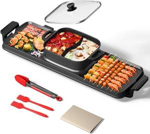 lot 161392 image: Retails for $110 AORAN Smokeless Electric Hot Pot & Grill Combo, Large 9.5x29 Non-Stick Design, 3 Adjustable Heat Levels, Easy to Clean Includes Brushes, Tongs & Paper