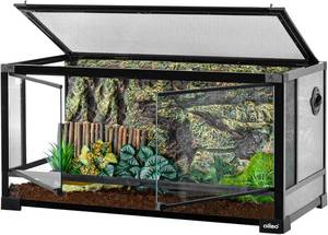 lot 361405 image: Retails for $250 OIIBO Glass Reptile Terrarium, 32x16x16 Bearded Dragon Tank with One-Hand Opening Front Doors, Top and Front Ventilation, Reptile Lounge Habitat for Bearded Dragon Ball Python Snake Gecko