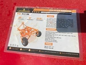 lot 5228 image: Unused Land Honor 3 Point One Row Potato Harvester Potato Digger Picker PTO Driven (PH-22-20W)