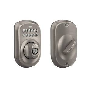 lot 22349 image: Schlage BE365 PLY 619 Plymouth Keypad Deadbolt, Electronic Keyless Entry Lock, Satin Nickel - Retail $116