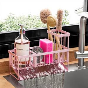 lot 22372 image: Cisily Pink Kitchen Sink Caddy Organzier with High Brush Holder, Sponge Holder for Sink, 304 Rustproof Stainless, Kitchen Countertop Soap Dispenser Organizer - Retail $27