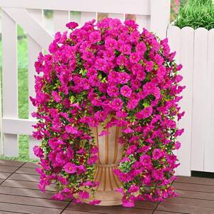 lot 22384 image: MARTINE MALL 4 Pcs Look Real Artificial Flowers for Outdoors, Realistic Artificial Hanging Flowers for Outdoors, UV Resistant Fake Hanging Plants Silk Petunia Faux Flowers for Porch Patio, Fuchsia - Retail $30