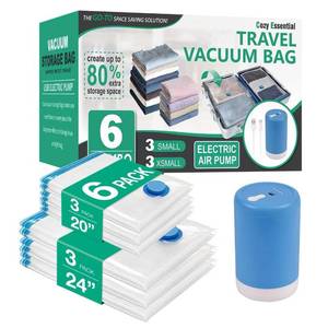 lot 22388 image: Cozy Essential Travel Vacuum Storage Bags with Rechargeable Cordless USB Pump, Space Saver Bags for Luggage, Suitcase, Carry-On, for Clothes, Blankets, Bedding & Seasonal Storage,6 Combo - Retail $20