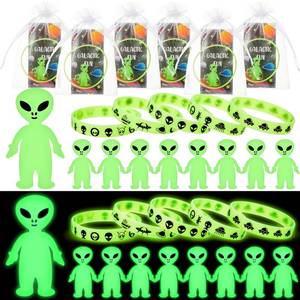 lot 22391 image: Seematn 25 Set Mini Alien Figure to Hide and Seek Glow in the Dark Silicone Wristbands Green Blessing Cards for Small Rave Trinkets Space Party Favors Goodie Bag Fillers Birthday Supplies - Retail $15