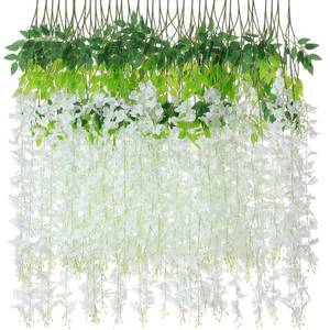 lot 22396 image: Thiccywoov 24 Pcs Wisteria Hanging Flowers 3.6 Feet Artificial Fake Wisteria Flower Vine Garland Ratta for Backdrop Wedding Decor Home Party(White) - Retail $21