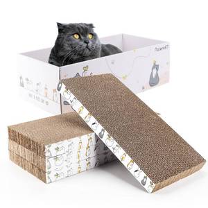 lot 22402 image: PatiencET Cat Scratch Pad with Box, 4 Pack Cardboard Cat Scratcher Lounge Bed for Indoor Cats, Reversible Corrugated Scratching Board Refill with Catnip - Retail $17