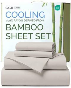 lot 22417 image: 100% Rayon Derived From Bamboo - Bamboo Sheets Full Size - Cooling Sheets for Full - Soft, Breathable & Hotel Luxury Bedding - 1 Flat & 1 Fitted & 2 Pillowcases w 18 Inch Deep Pockets - Light Grey - Retail $49