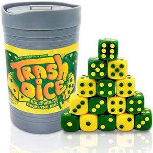 lot 30104 image: Big Discoveries Trash Dice Fast-Paced Family Dice Game  Exciting 2-Player Board and Dice Game with Trash Can and 40 Piece Dice Set  for Travel, Party, and Games Night - Retail $15