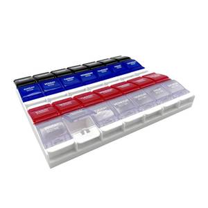 lot 30109 image: EZY DOSE Weekly (7-Day) Pill Organizer, Vitamin Container, and Daily Medicine Planner, 2X-Large Push Button Compartments, Arthritis Friendly, Easy to Use, 4 Times a Day, Color-Coded Lids, BPA Free - Retail $14