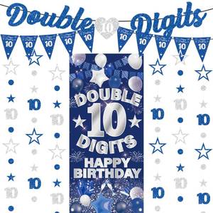 lot 30114 image: 10th Birthday Decorations Banner Garland - 10 Pcs Pre-Strung Blue Silver Glitter Double 10 Digits Banners Circle Dot Star Hanging Garland Backdrop for Boys Girls 10 Year Old Birthday Party Supplies - Retail $14