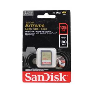 lot 30135 image: SANDISK 128GB Extreme SDXC UHS-I Memory Card - C10, U3, V30, 4K, UHD, SD Card - SDSDXVA-128G-GNCIN - Retail $40