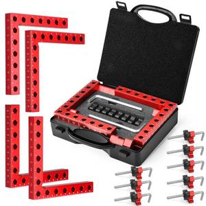 lot 32785 image: Comfylichi Corner Clamp for Woodworking, 90 Degree Clamp with Box, Right Angle Clamp Woodworking Tools, 4 Pack 5.5 x 5.5Aluminum Alloy Positioning Clamping Squares for Picture Frames Cabinets plastic case is broken. - Retail $30