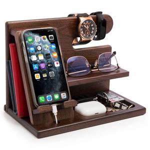 lot 32796 image: TESLYAR Wood Phone Docking Station for Men - Desktop or Nightstand Organizer - Birthday Gifts for Men, Dad - Anniversary Idea from Wife - Key Holder, Stand Wallet, Watch & Essentials (Chestnut) - Retail $31