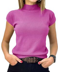 lot 32804 image: Saodimallsu Womens Short Sleeve Sweater Mock Neck Summer Casual Basic Knit Slim Fitted Pullover Tops Shirt Rose Red - Retail $24