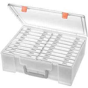 lot 32819 image: Photo Storage Box 4x6, 18 Inner Extra Large Organizer Acid-Free Photo Keeper Storage Case, Plastic Craft Storage Box for Stickers Stamps Seeds (Clear, 18 Boxes) - Retail $30