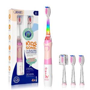 lot 33497 image: SEAGO Kids Electric Toothbrush with 2 Mins Brushing Timer and 4 Replacement Brush Heads, Rainbow LED Light Makes Brushing Fun, Boys Battery Powered Toothbrush for 4-12 Years Old SG-977 Pink - Retail $17