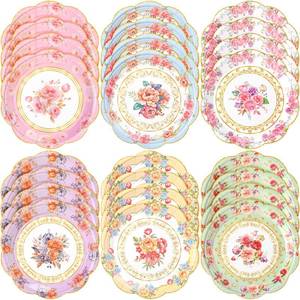 lot 33504 image: Zhehao7 Inch Vintage Floral Flower Decorative Plates Bulk Tea Party Watercolor Disposable Dessert Scalloped Paper Plates for Birthday Wedding Baby Shower Bloom Decoration Supplies, 6 Styles - Retail $17