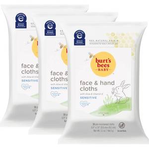 lot 33505 image: Burts Bees Baby Face & Hand Cloths, Unscented Cleansing Wipes for Sensitive Skin - 30 Wipes, Pack of 3